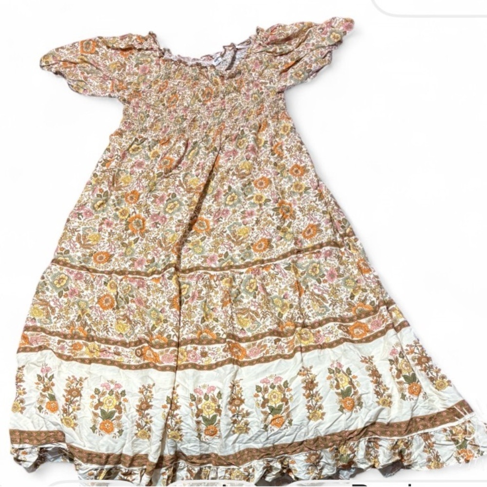 Kindred Boho Floral Smocked  Midi Maxi Dress Plus Size 3X Cream Rayon - Picture 2 of 6